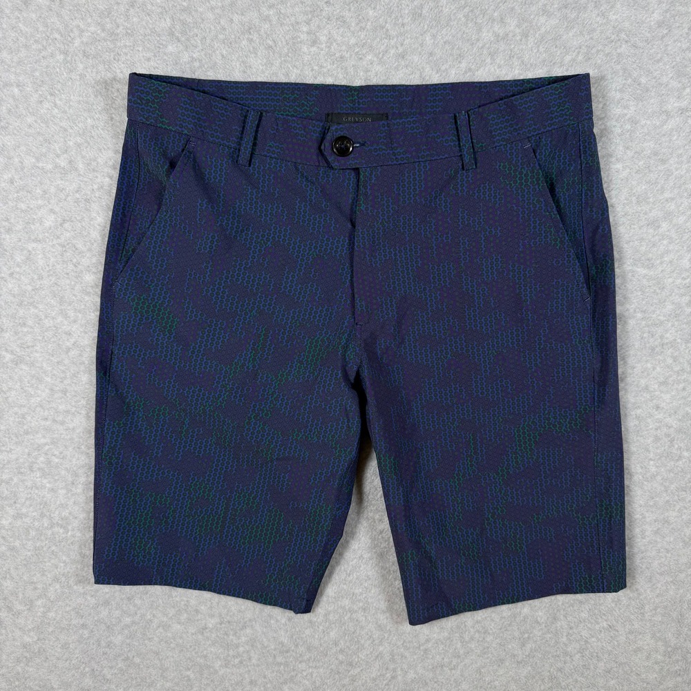 Greyson Mens Purple Green Geometric Honeycomb Print Golf Shorts Size 38